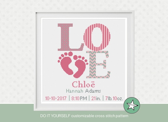 Cross Stitch Pattern Baby Birth Sampler, Birth Announcement, LOVE, Baby  Feet, Baby Girl, Pink, DIY Customizable Pattern Instant Download 