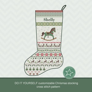 Christmas stocking cross stitch pattern rocking horse, DIY customizable with name, Christmas decoration,  PDF, ** instant download**