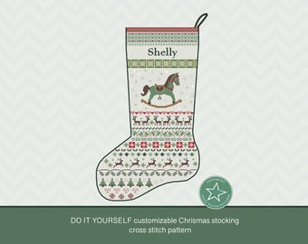 Christmas stocking cross stitch pattern rocking horse, DIY customizable with name, Christmas decoration,  PDF, ** instant download**