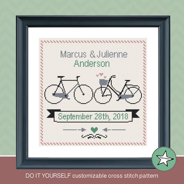 Wedding cross stitch pattern, customizable, bikes, wedding anniversary PDF, DIY ** instant download**