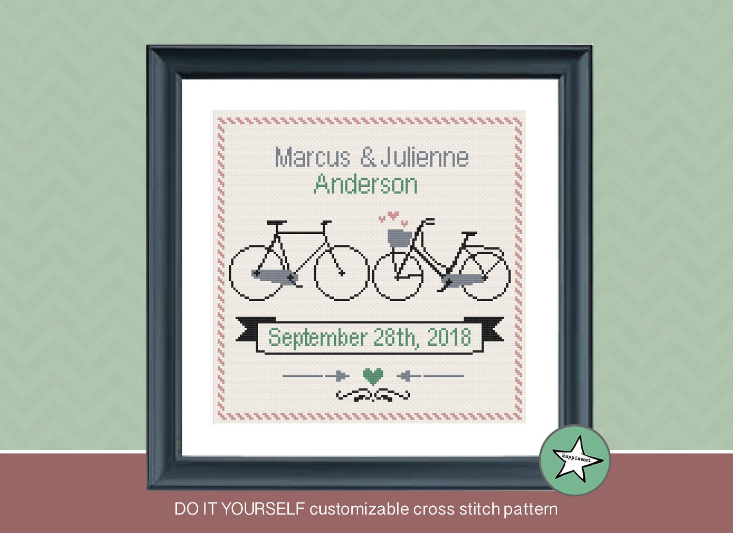 Wedding cross stitch pattern Bridal cross stitch custom wedding gift Wedding gift for couple Personalized Wedding wedding tandem bike
