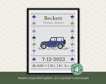 Cross stitch pattern baby birth sampler jeep car, birth announcement, farm, baby boy or girl, DIY customizable pattern** instant download**