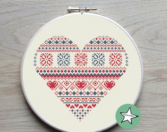 modern cross stitch heart, nordic folk art, blue and red, snowflakes, love,  PDF ** instant download**