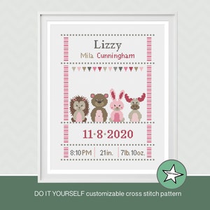 Cross stitch pattern baby birth sampler, birth announcement, woodland animal, pinks, DIY customizable pattern** instant download**