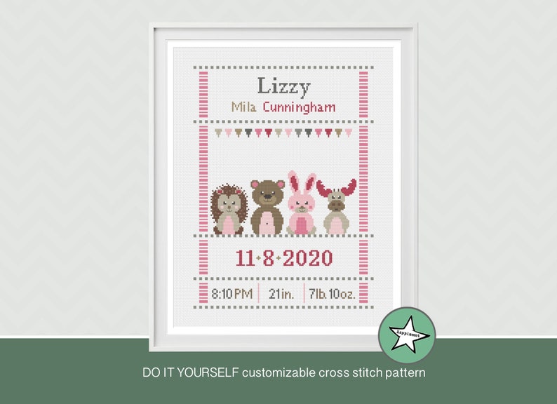 Grille point de croix bébé naissance sampler, faire-part de naissance, animal des bois, roses, DIY patron personnalisable téléchargement immédiat image 1