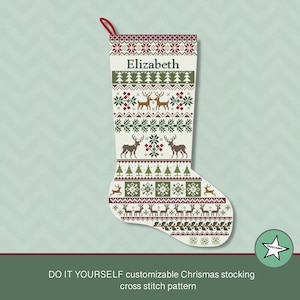 May include: A white Christmas stocking with a red, green, and brown cross stitch pattern featuring reindeer, trees, and snowflakes. The stocking is personalized with the name "Elizabeth".