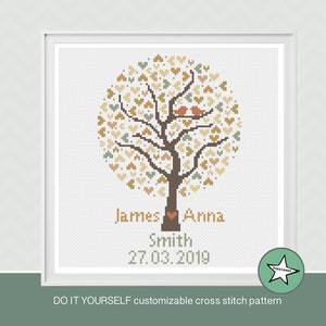 Wedding cross stitch pattern, love tree, wedding tree, round,  customizable, , wedding anniversary PDF, DIY ** instant download**