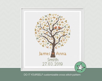 Wedding Tree Cross Stitch Pattern, Customizable Anniversary Gift (PDF Pattern)