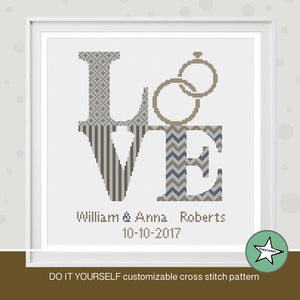 Wedding cross stitch pattern, love sign, grey beige, DIY customizable, bride and groom, wedding anniversary PDF, DIY ** instant download**