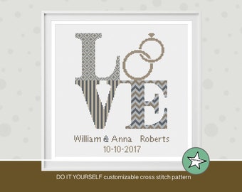 Wedding cross stitch pattern, love sign, grey beige, DIY customizable, bride and groom, wedding anniversary PDF, DIY ** instant download**