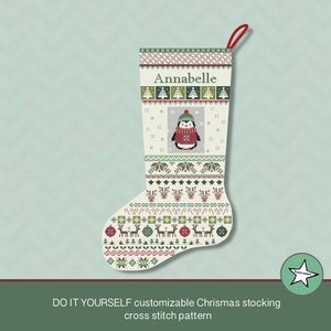 Christmas stocking cross stitch pattern penguin, DIY customizable with name, Christmas decoration,  PDF, ** instant download**