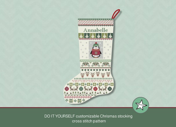 Christmas Stocking Cross Stitch Pattern Penguin, DIY Customizable
