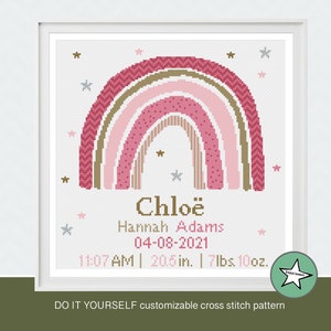 Cross stitch pattern baby birth sampler rainbow, birth announcement, pinks, baby girl, DIY customizable pattern** instant download**