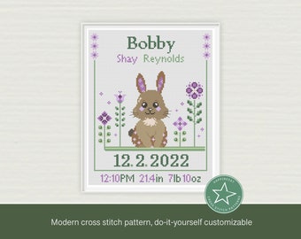 Cross stitch pattern  baby birth sampler bunny, birth announcement, bunny and flowers, baby girl, DIY customizable ** instant download**