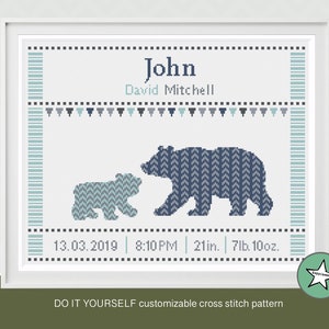 cross stitch baby birth sampler bear & baby bear, birth announcement, baby boy or girl, DIY customizable pattern** instant download**