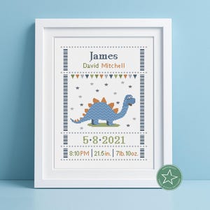 cross stitch pattern baby birth sampler dinosaur, stegosaurus birth announcement, t-rex,  DIY customizable pattern** instant download**