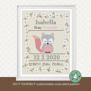 Cross stitch pattern baby birth sampler, birth announcement, sleeping fox, dogwood flower, DIY customizable pattern** pdf download**