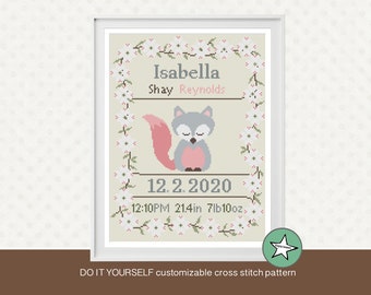 May include: A cross stitch pattern featuring a gray fox with pink ears and tail, surrounded by white flowers. The pattern includes the name "Isabella Shay Reynolds", the date "12.2.2020", and the time and measurements "12:10PM 21.4in 7lb10oz".