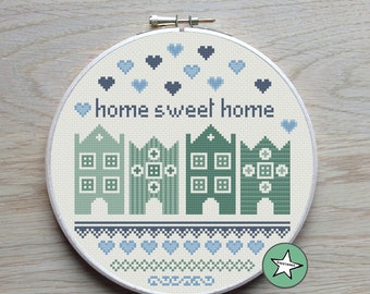 Modern cross stitch pattern, Home sweet home houses, cross stitch quote, PDF  ** instant download**