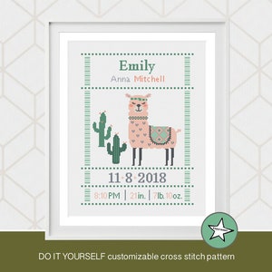cross stitch baby birth sampler, birth announcement, Llama, baby girl, DIY customizable pattern** instant download**