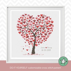 Wedding cross stitch pattern, love tree heart, DIY customizable, modern pattern, wedding anniversary PDF, DIY ** instant download**