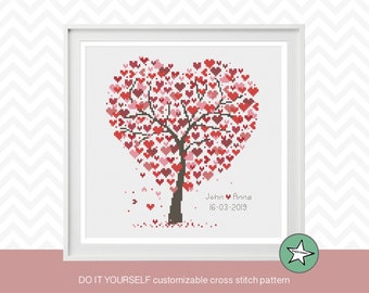 Wedding cross stitch pattern, love tree heart, DIY customizable, modern pattern, wedding anniversary PDF, DIY ** instant download**