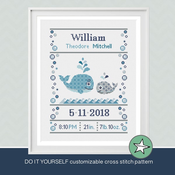 cross stitch pattern baby birth sampler whales, birth announcement, baby boy, navy blue, DIY customizable pattern** instant download**