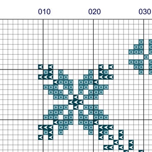 May include: A cross-stitch pattern chart with a grid of squares. Teal-colored cross-stitch designs form symmetrical shapes, including a snowflake-like pattern. The chart is labeled with numbers along the top and side.