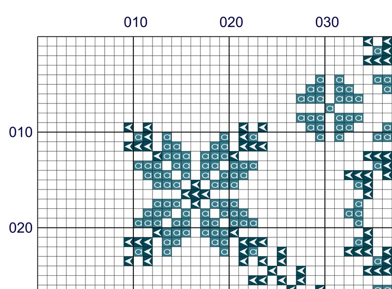 May include: A cross-stitch pattern chart with a grid of squares. Teal-colored cross-stitch designs form symmetrical shapes, including a snowflake-like pattern. The chart is labeled with numbers along the top and side.