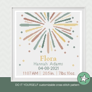 Kreuzstichmuster Baby Geburt Sampler Sunburst, Geburtsanzeige, neutrale Farben, Mädchen oder Junge, DIY anpassbares Muster ** sofort download **