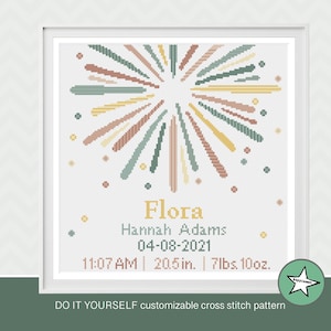 Cross stitch pattern baby birth sampler sunburst, birth announcement, neutrals, girl or boy, DIY customizable pattern** instant download**