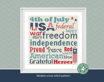 4th of July cross stitch pattern, 4th of July words, PDF, DIY ** instant download**