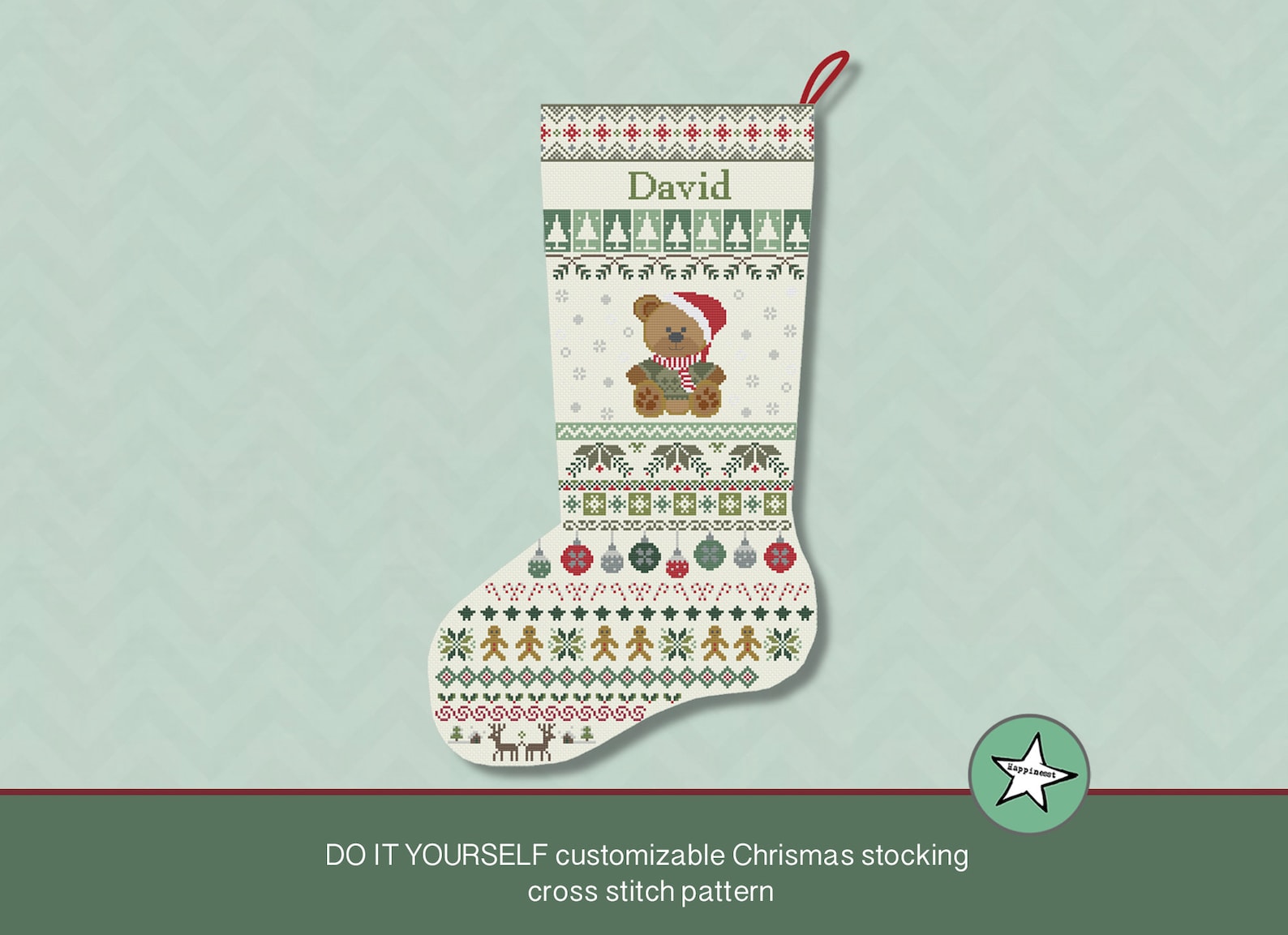 Christmas Stocking Cross Stitch Pattern Teddy Bear, DIY Customizable ...