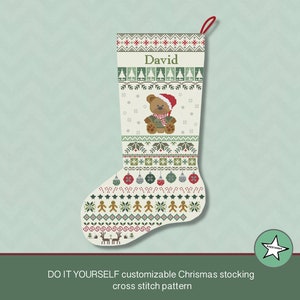 Christmas stocking cross stitch pattern teddy bear, DIY customizable with name, Christmas decoration,  PDF, ** instant download**