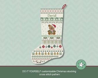 Christmas stocking cross stitch pattern teddy bear, DIY customizable with name, Christmas decoration,  PDF, ** instant download**