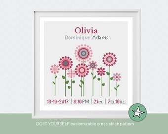 cross stitch baby birth sampler, birth announcement, flowers, pink, baby girl, DIY customizable pattern** instant download**