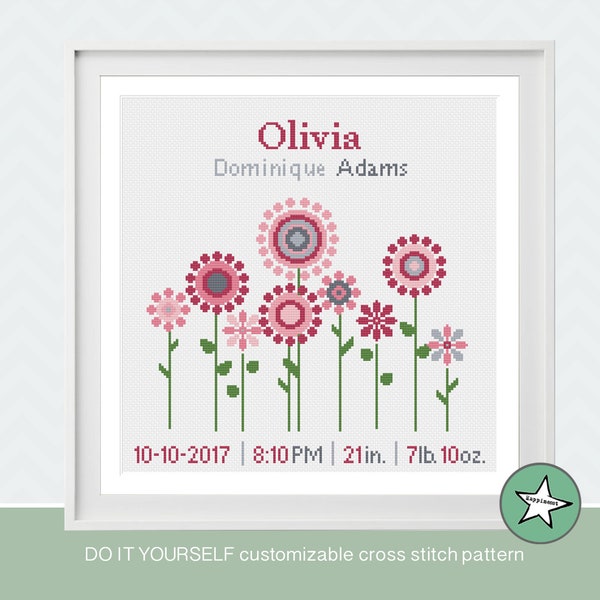 cross stitch baby birth sampler, birth announcement, flowers, pink, baby girl, DIY customizable pattern** instant download**