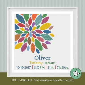 cross stitch baby birth sampler, birth announcement, modern flower, dahlia, rainbow colors, DIY customizable pattern** instant download**