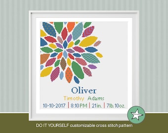 Könnte beinhalten: Ein farbenfrohes Kreuzstichmuster mit einem Blumendesign. Das Muster enthält den Namen Oliver, Timothy Adams und das Datum 10-10-2017, 8:10 PM, 21 Zoll, 7 lb. 10 oz. Der Text "DO IT YOURSELF customizable cross stitch pattern" befindet sich am unteren Rand des Bildes.
