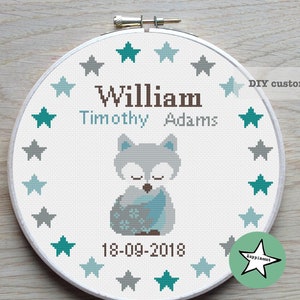 cross stitch baby birth sampler, birth announcement, Fox, round, stars, woodland,DIY customizable pattern** instant download**