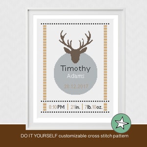 May include: A grey and brown cross stitch pattern with a deer head, a circle with the text "Timothy Adams 28.12.2017", and the text "8:10PM | 21in. 7lb. 10oz."
