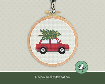 Christmas ornament cross stitch pattern, car with tree, PDF, ** instant download**