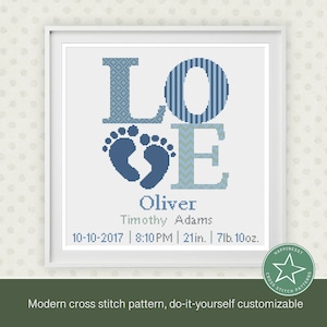 Cross stitch pattern baby birth sampler, birth announcement, LOVE, baby feet, square, baby boy, DIY customizable pattern** PDF**