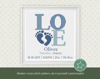 Cross stitch pattern baby birth sampler, birth announcement, LOVE, baby feet, square, baby boy, DIY customizable pattern** PDF**