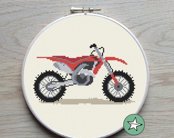 Red Dirt Bike Cross Stitch Pattern, Modern Embroidery (PDF)