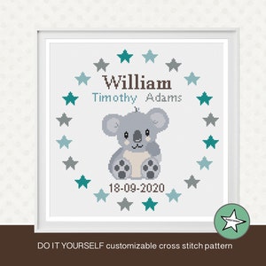 Cross stitch pattern baby birth sampler, birth announcement, koala, baby,  DIY customizable pattern** instant download**