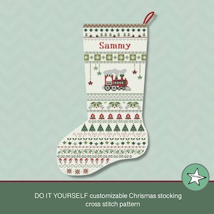 Kerstsok kruissteek patroon trein, DIY aanpasbaar met naam, kerstversiering, PDF, ** instant download**