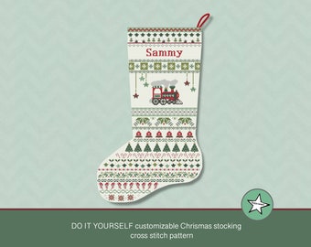May include: A white Christmas stocking with a red train, green trees, and the name "Sammy" embroidered on it. The stocking is decorated with a variety of festive patterns, including snowflakes, stars, and candy canes.