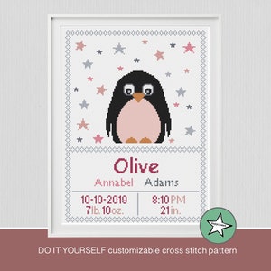 cross stitch baby birth sampler, birth announcement, penguin and stars, baby girl, pink, DIY customizable pattern** download**