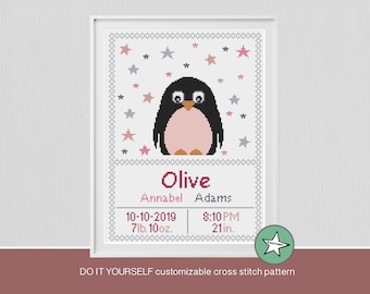 cross stitch baby birth sampler, birth announcement, penguin and stars, baby girl, pink, DIY customizable pattern** download**